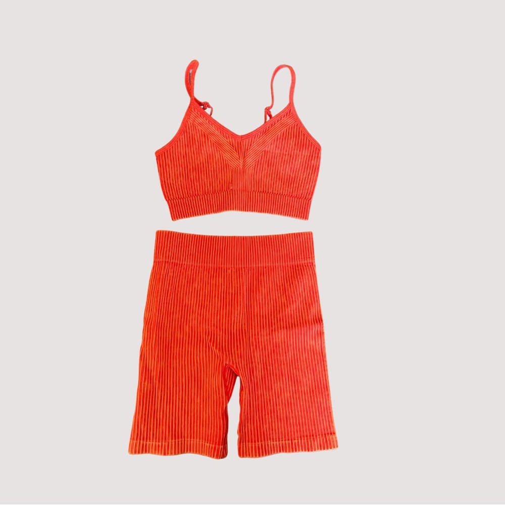 ANWND Vibrant Red Ribbed Bralette & Biker Shorts Set- Size S/M